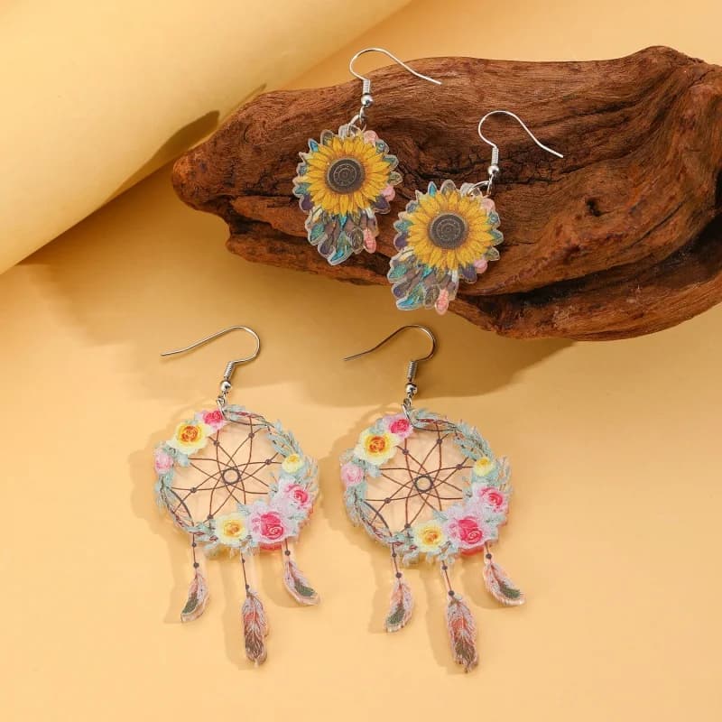 Bohemian ethnic style Japanese Sunflower flower earrings Feather Dream Catcher Earrings 2D flat Acrylic earrings Women