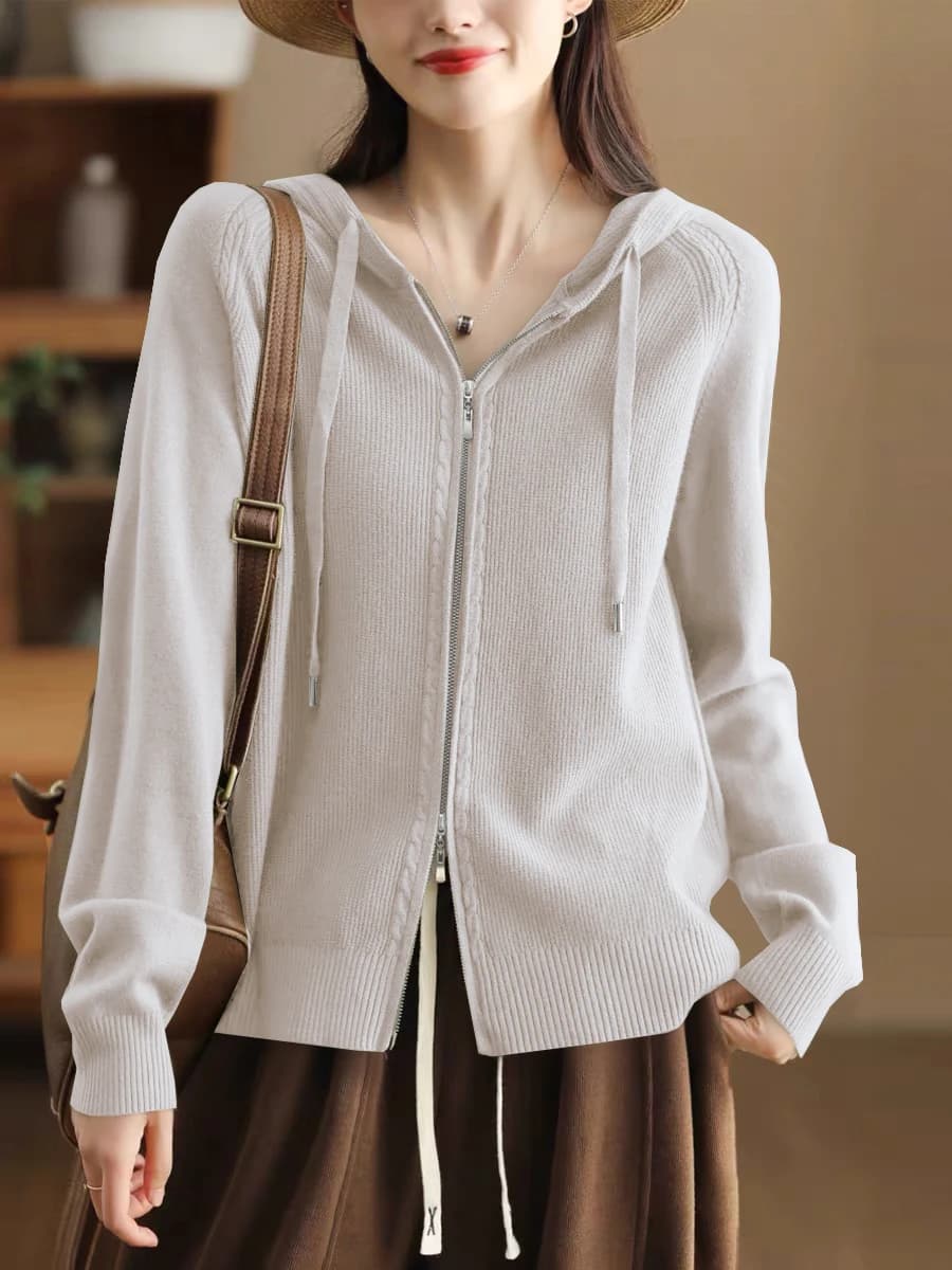 Women's Fashionable Casual Short Hoodie Sporty Knitted Sweater Long Sleeve Double Zipper Coat Soft Cozy Autumn Winter Wear