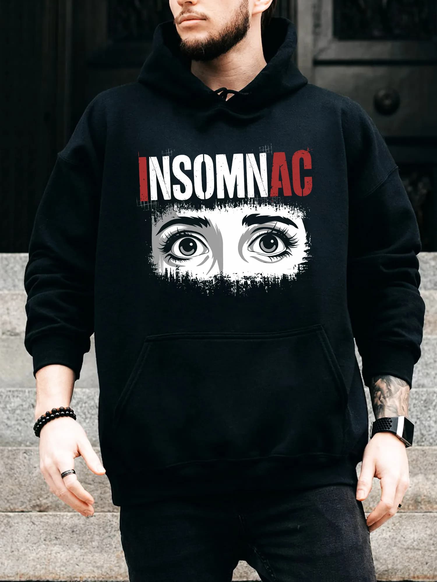 Insomniac Eyes Watching You Men's Hoodie with Drawstring - Black casual and comfortable pullover, hooded sweatshirt autumn and winter