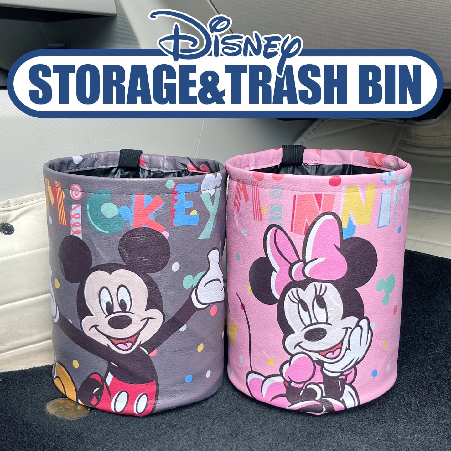 Cestino per rifiuti da auto Disney Mickey Minnie, contenitore portatile per rifiuti da appendere al sedile posteriore, contenitore per rifiuti, accessori pieghevoli