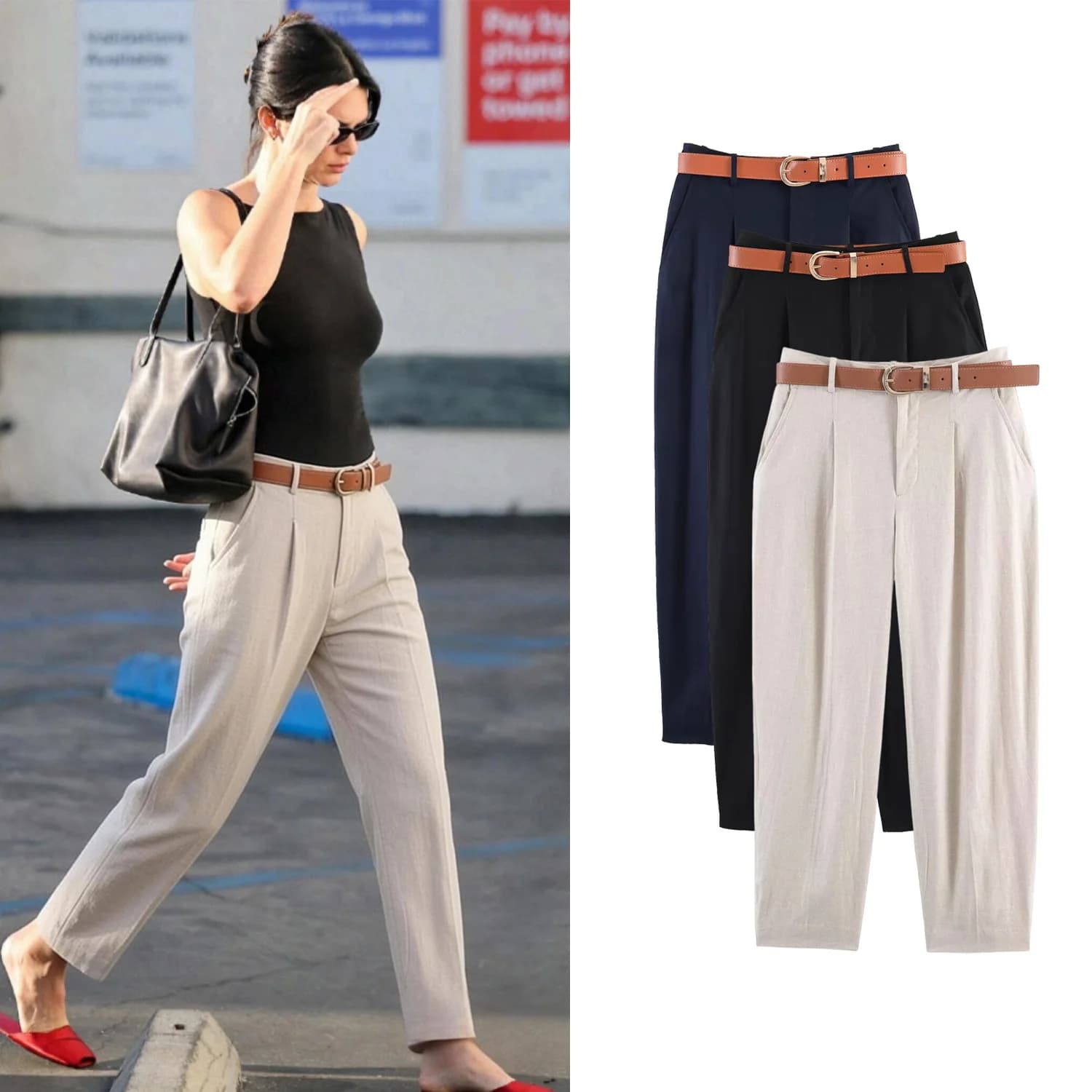 Women's Casual Trousers With Belted Spring Summer Female Long Pants Lady High Waist With Zipper Daily Commut Pants