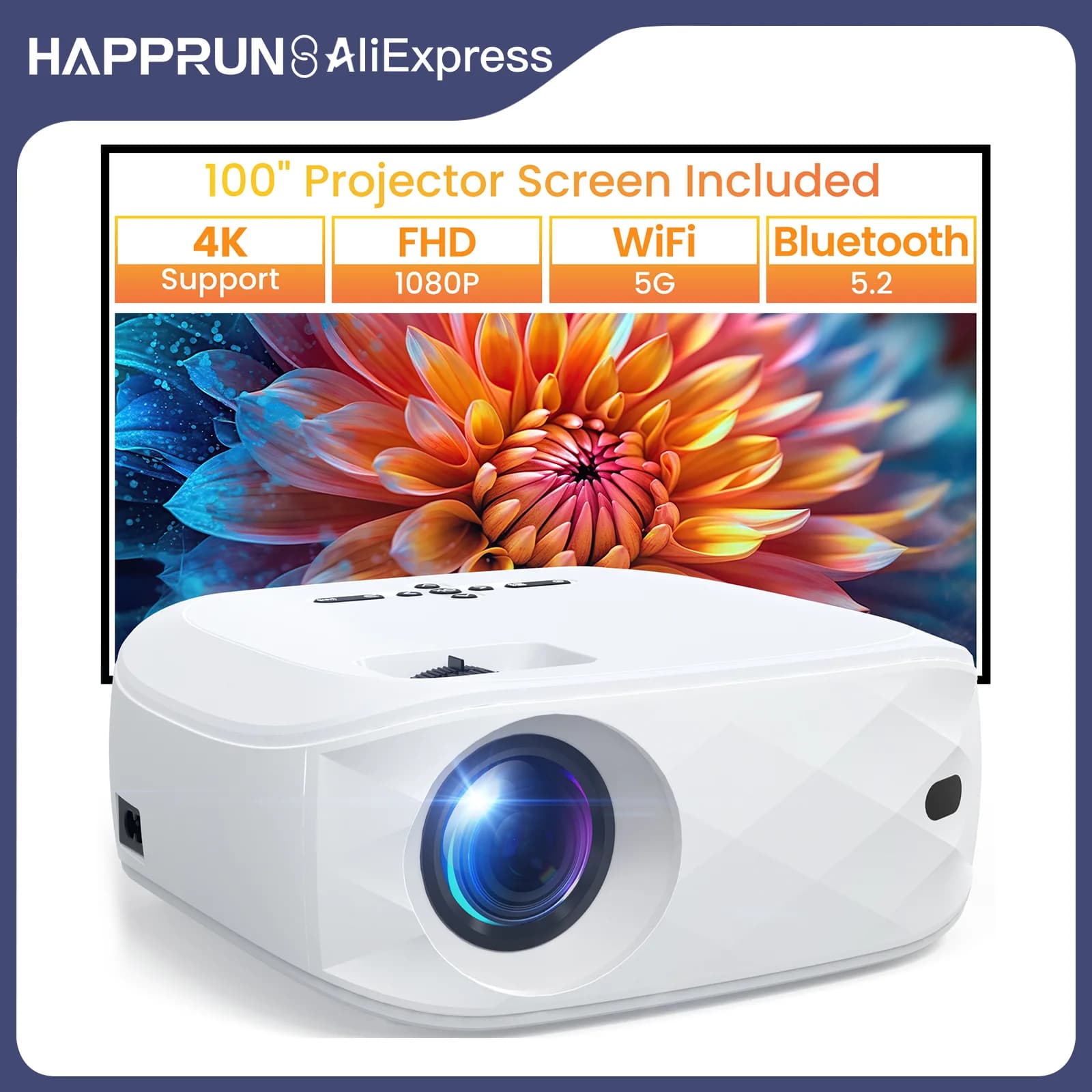 Proiettore Bluetooth WiFi HAPPRUN 12000L 1080P con schermo, mirroring in un solo passaggio, proiettore portatile esterno per telefono/HDMI/TV