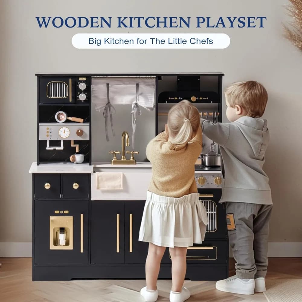 Wooden Play Kitchen for Toddlers and Kids, Toy Kitchen Set with Ice Maker and Coffee Machine, Realistic Toddler Kitchen Set