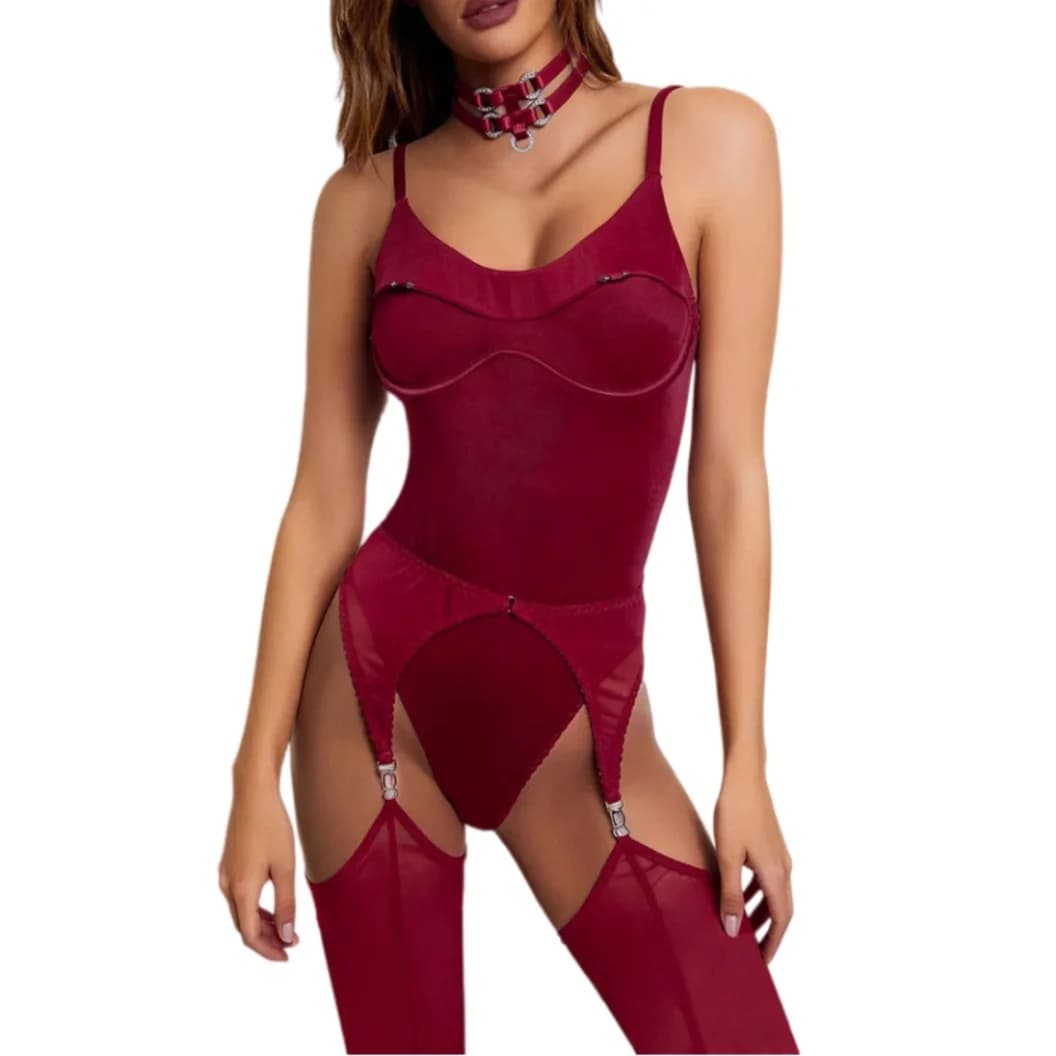 Krasapt Set di Lingerie Sexy Slim 4 Pezzi per Donna: Body con Spalline Tinta Unita + Girocollo + Gonna con Peplum + Calze, Outfit Intimo Erotico