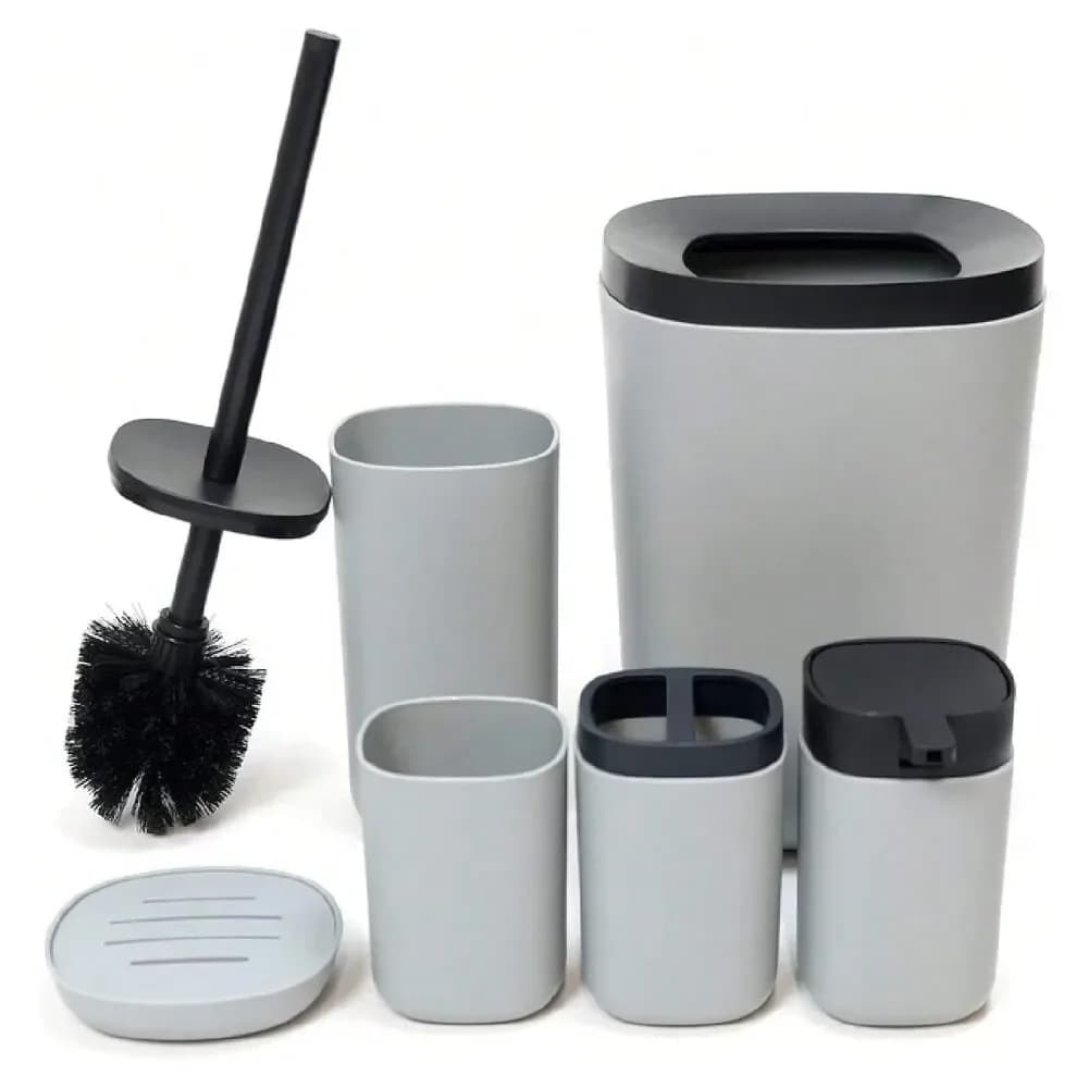 Set di accessori completo da 6 pezzi: portaspazzolino, dispenser per sapone, cestino per rifiuti, portasapone, bicchiere per spazzolino e spazzolino per WC