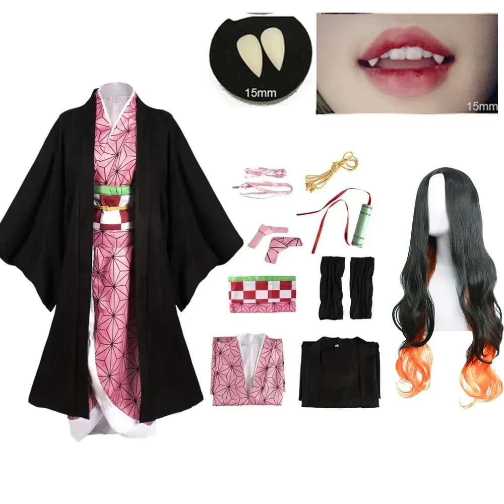 Halloween 2025 Anime Kimetsu No Yaiba Kamado Nezuko Costume Cosplay Kimono Demone Slayer Parrucche Cosplay Capelli Carnevale di Halloween W