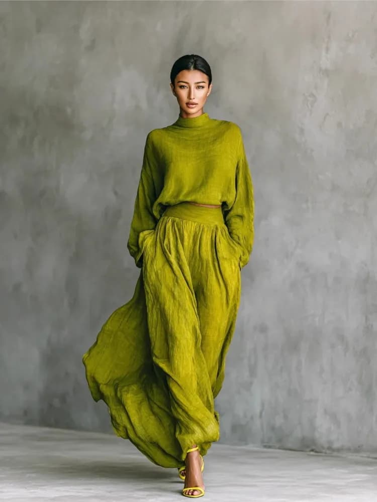 Y2K Gonna elegante Set a due pezzi Donna Primavera Stile estero Verde Collo alto Maniche lunghe Top + Gonne Abito da donna Temperamento Outfit
