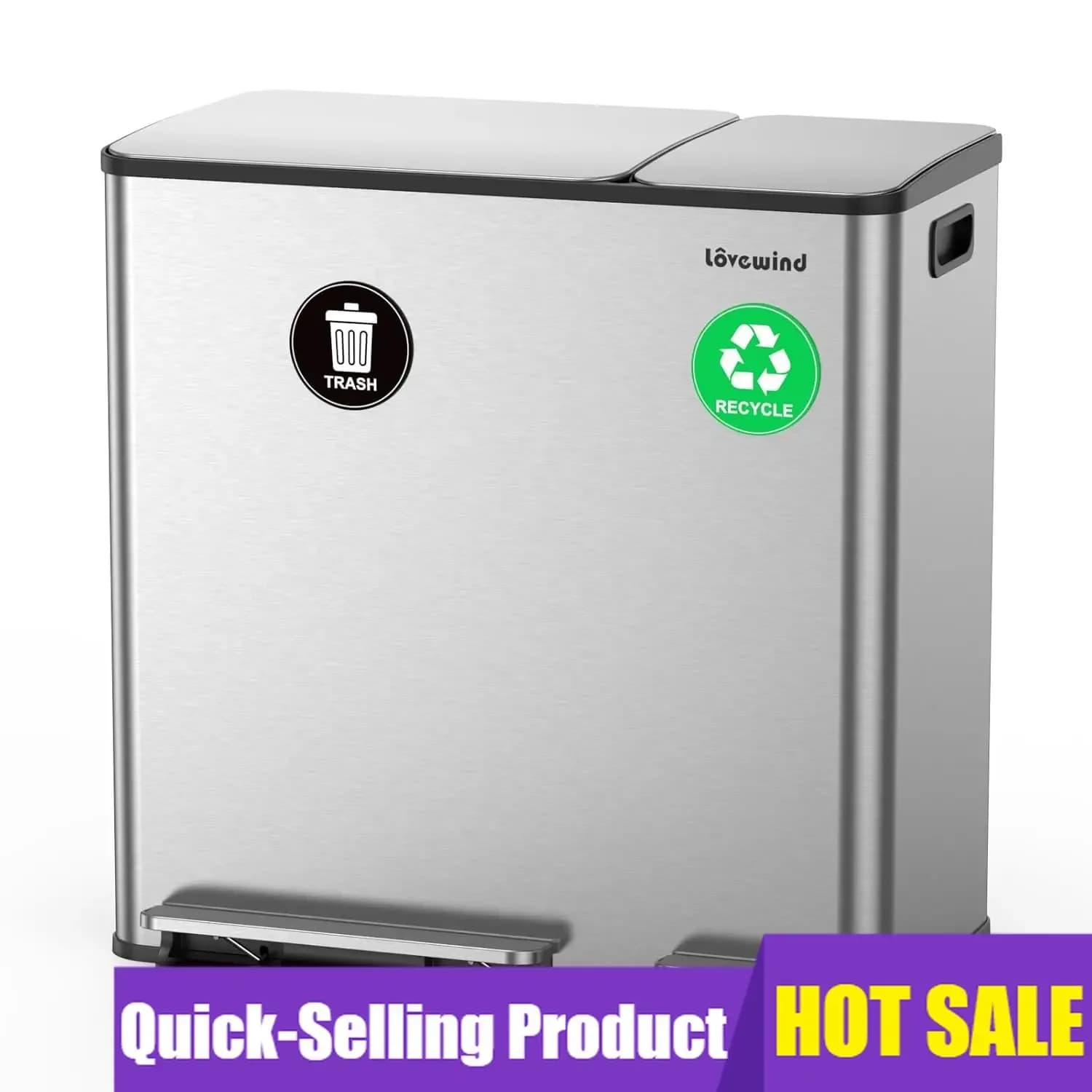 Dual Trash and Recycling Bins for Kitchen, 13.2 + 5.2 Gal (50+20L) Stainless Steel Trash and Recycle Bin Combo with Soft-Close L