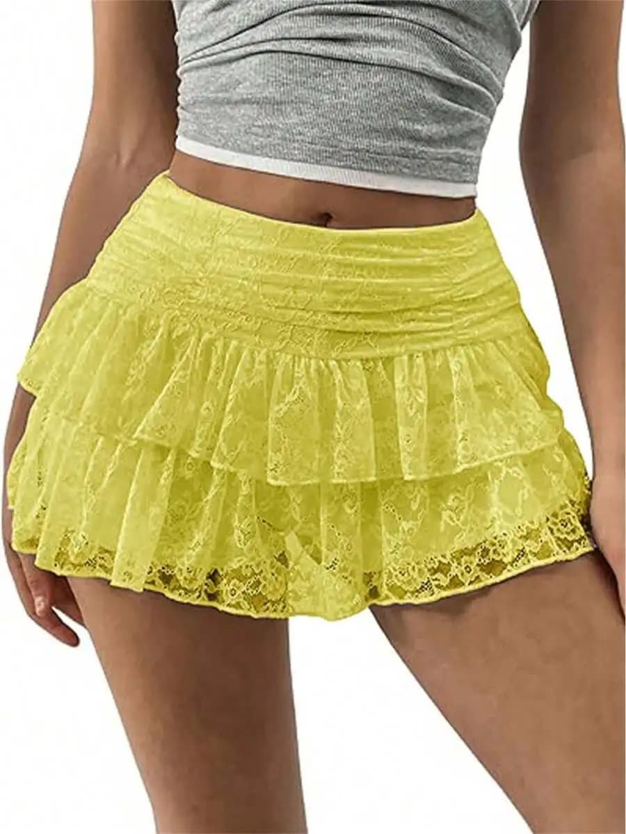 Minigonna estiva da donna in pizzo a balze con volant, vita alta, linea ad A, fluida, stile streetwear