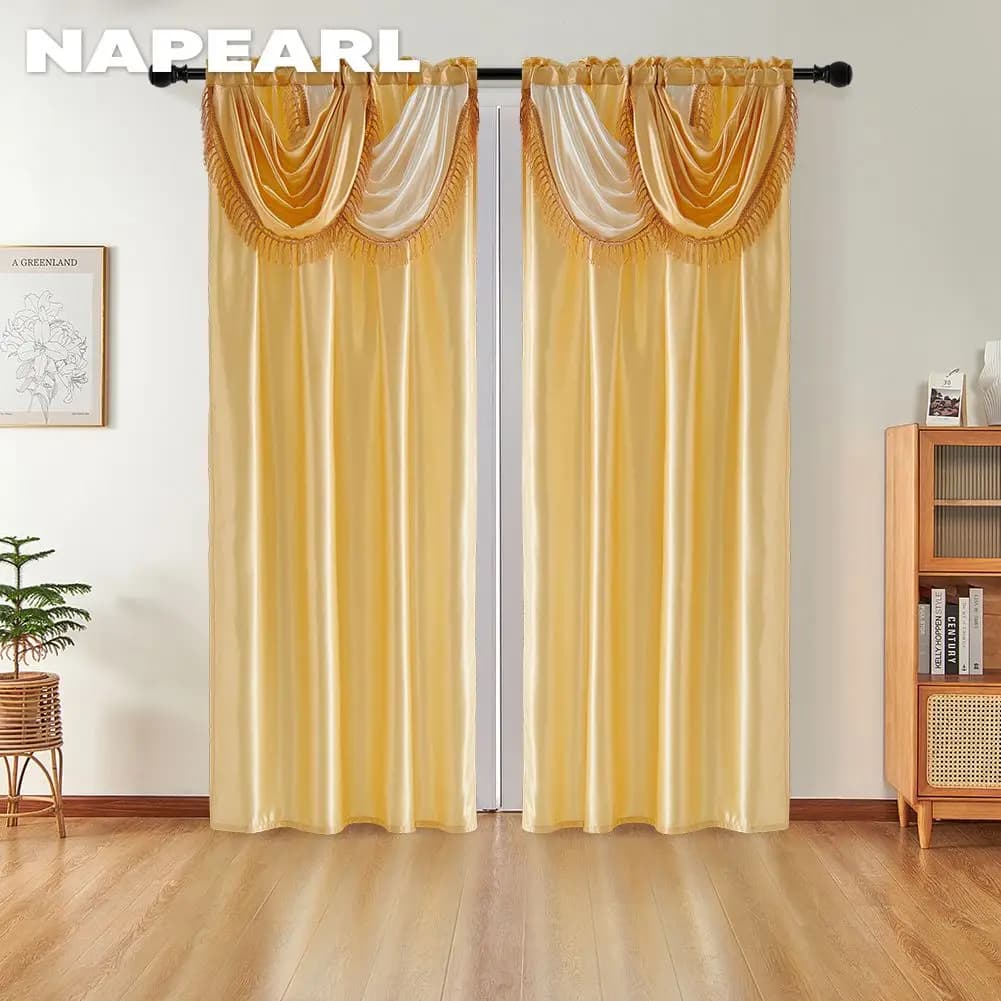 NAPEARL 4 Wave Valance+2pcs Curtain European Style Solid Curtain Valance Rod Pocket Home Decoration for French Window