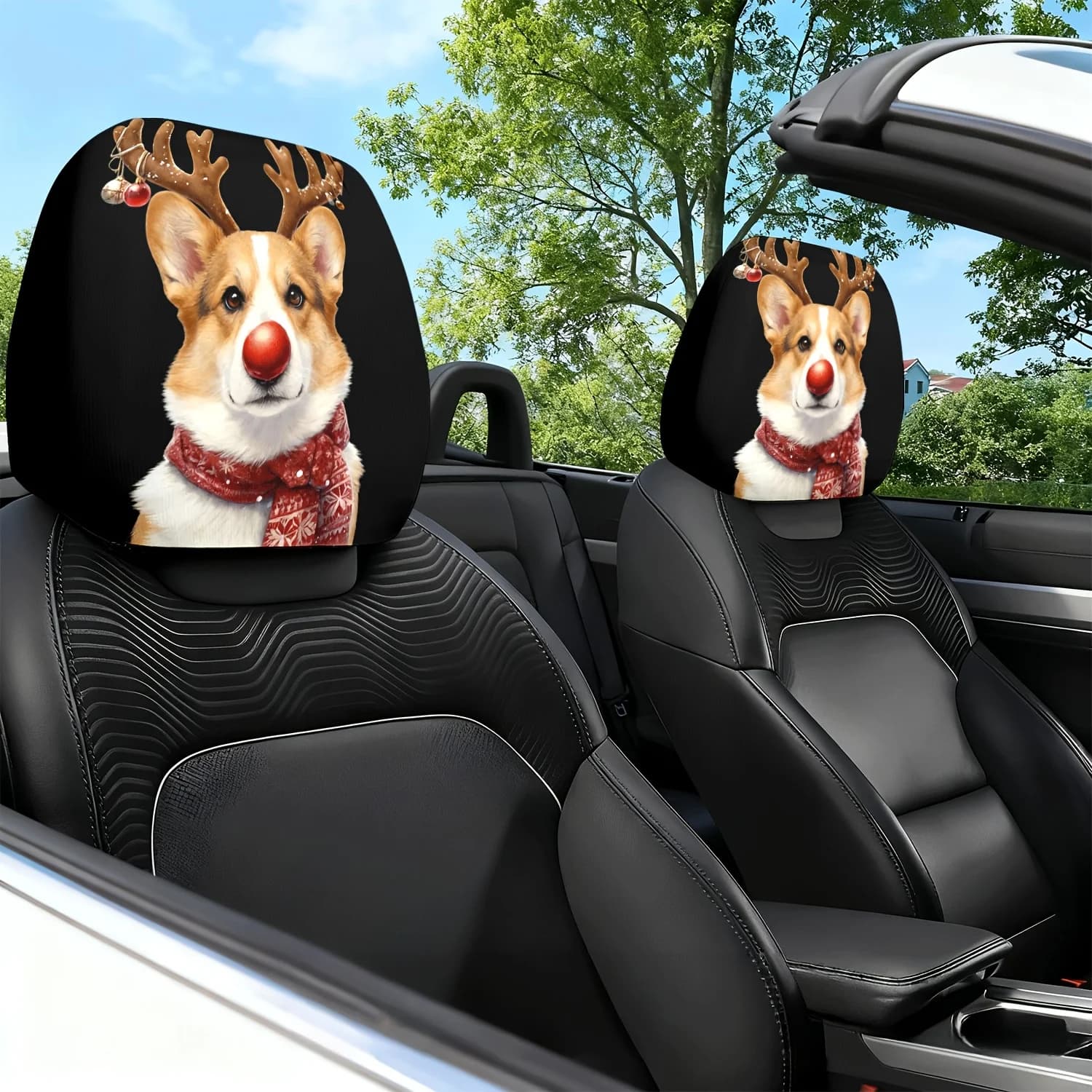 2pcs Christmas Cute Pet: Corgi Antler Outfit Warm Theme Print Car Seat Cushion Headrest Neck Pillow Protective Cover - with Cu