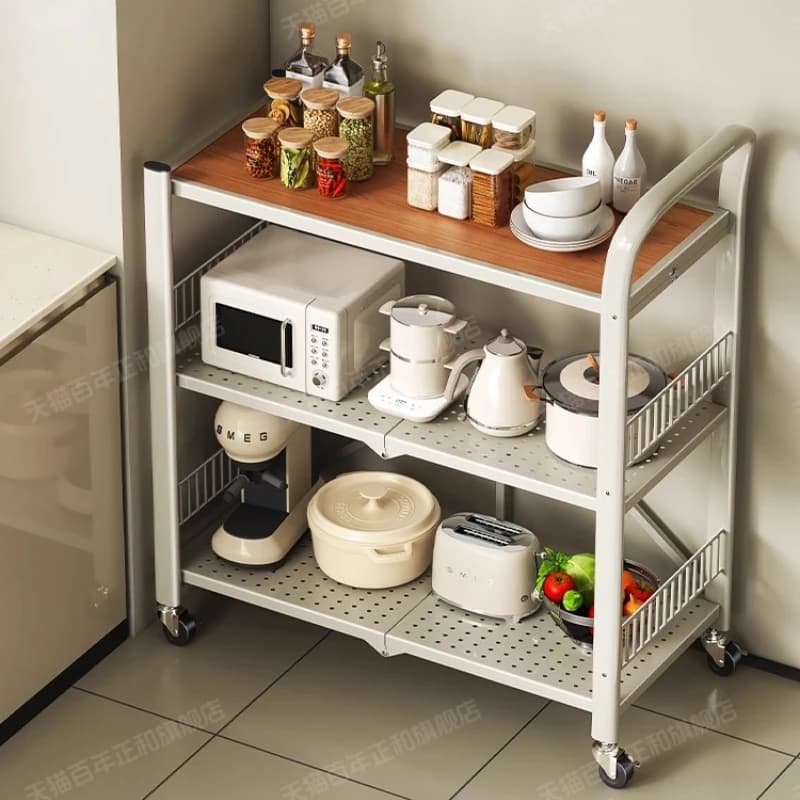 Iron Foldable Kitchen Storage Rack, Large Capacity Oven and Pot Stand, Moisture-Proof Storage Cart with 360° Swivel Wheels
