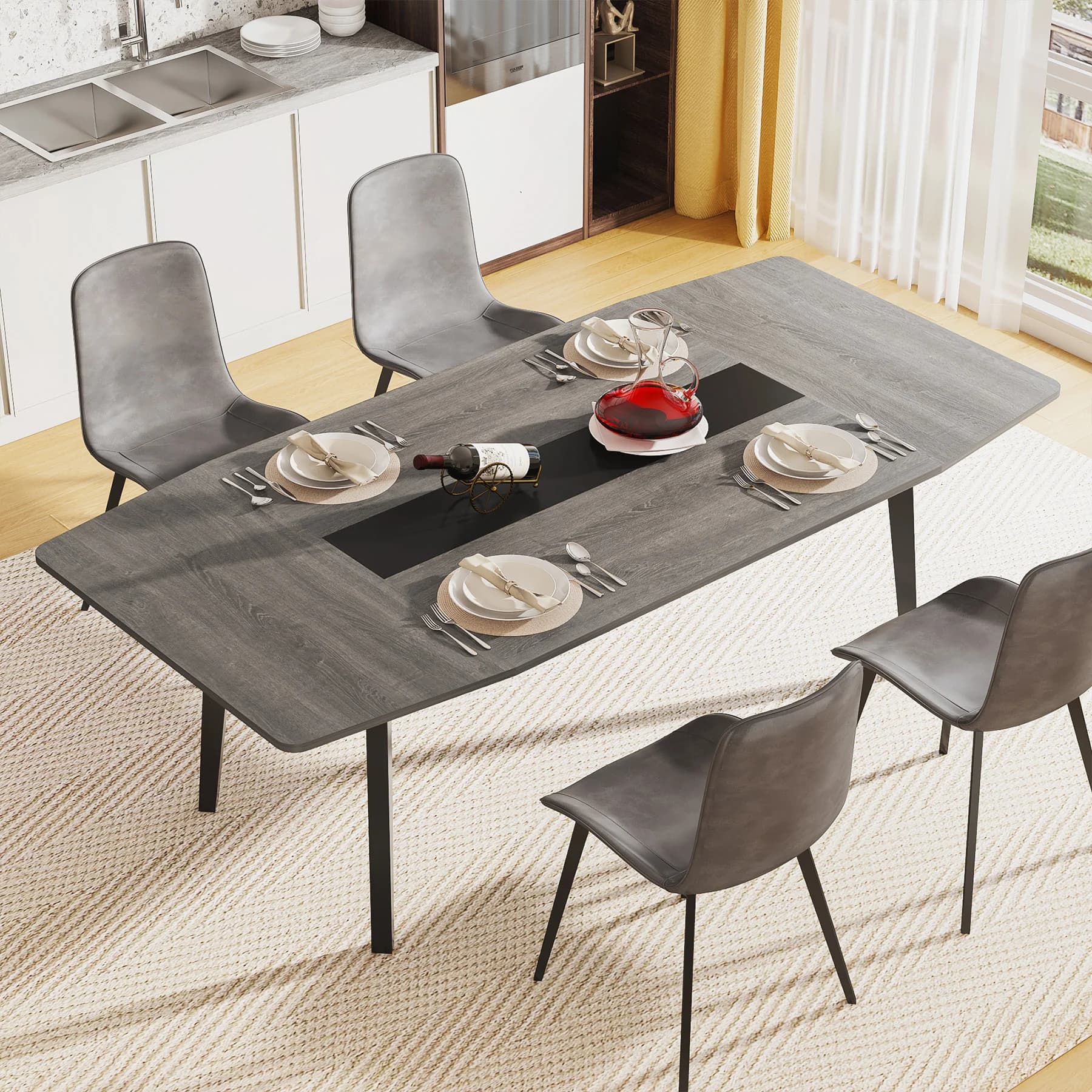 LITTLE TREE Dining Table for 6-8 People, 70.8 Inches Industrial Kitchen Table with Metal Legs, Large Wood Dining Room Table