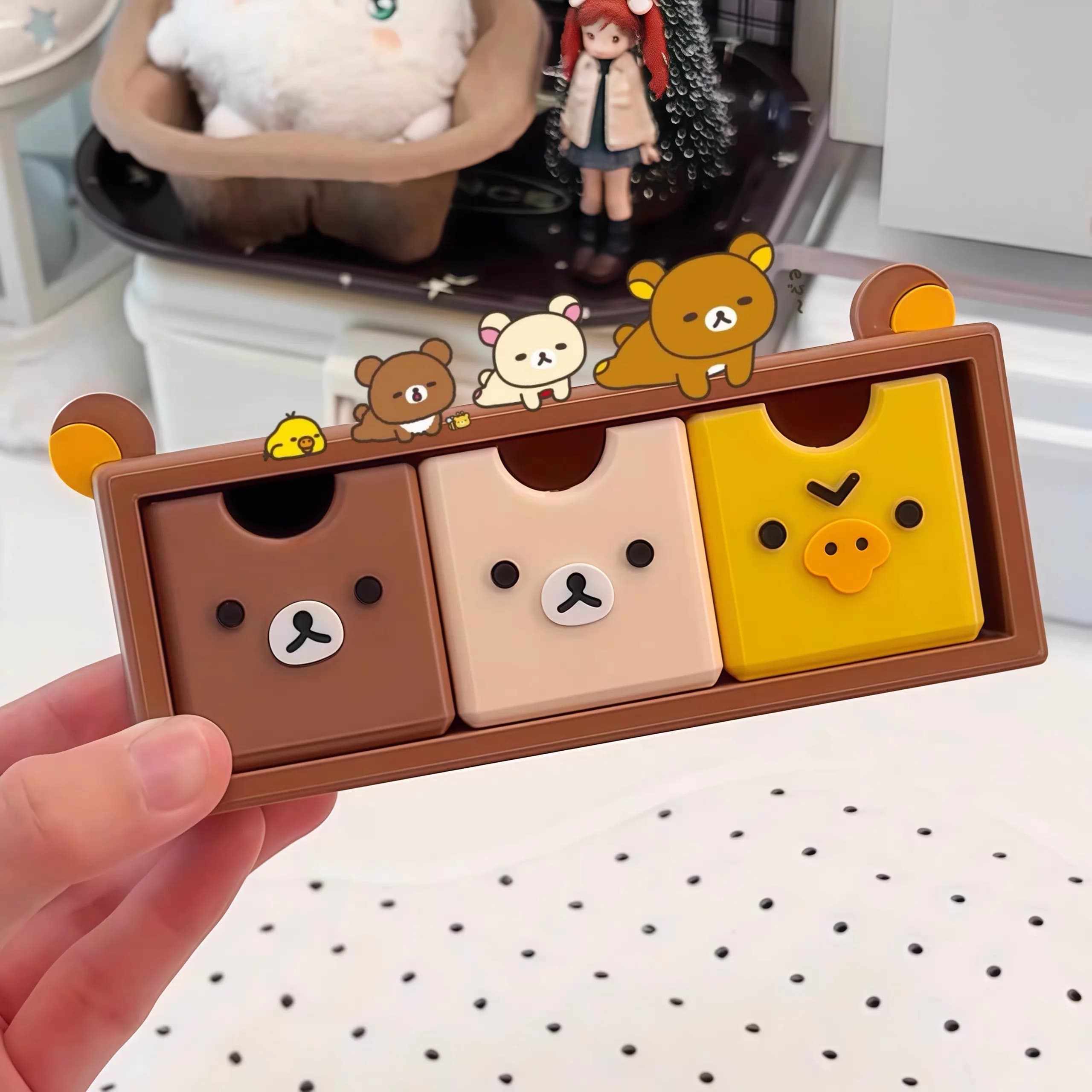 Kawaii Rilakkuma Cartoon Desktop Storage Box Mini Pull Out Pill Case Cute Small Tabletop Ornament Desk Organizer For Home Decor
