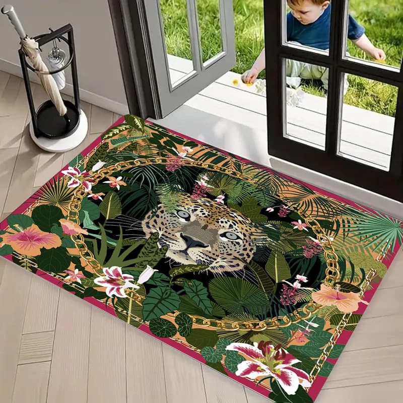 Tappeto Stampato con Motivi Floreali e Ghepardi, Stile Etnico Rurale, Tappeto Artistico per Cucina, Soggiorno e Camera da Letto