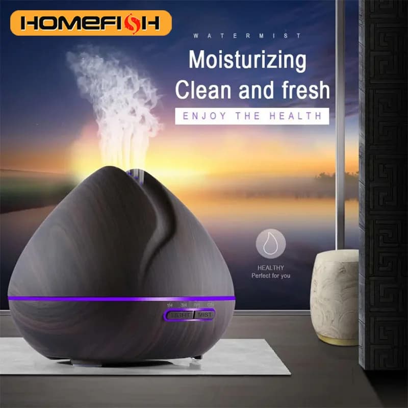 HOMEFISH Ultrassonic Air Humidifier 550ml Essential Oil Aroma Diffuser With Wood Grain Remote Control 7 Color Led Lights