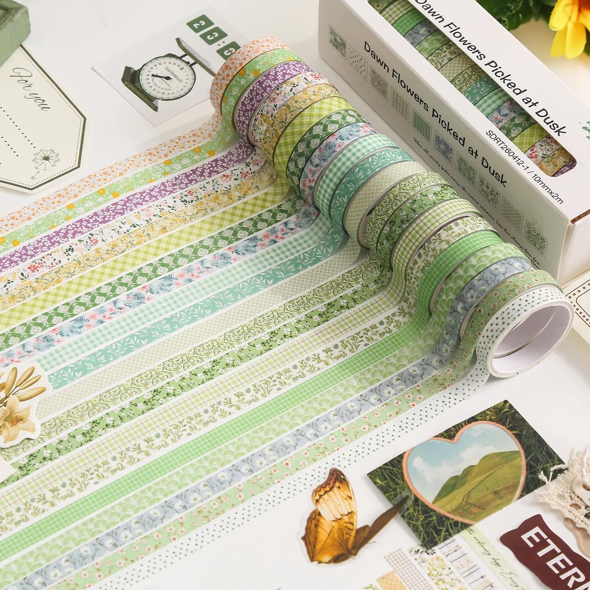 20 Rolls Vintage Floral Washi Tape Set, Retro Flower & Text Decorative Strips for Journal Planner Scrapbooking & DIY Crafts