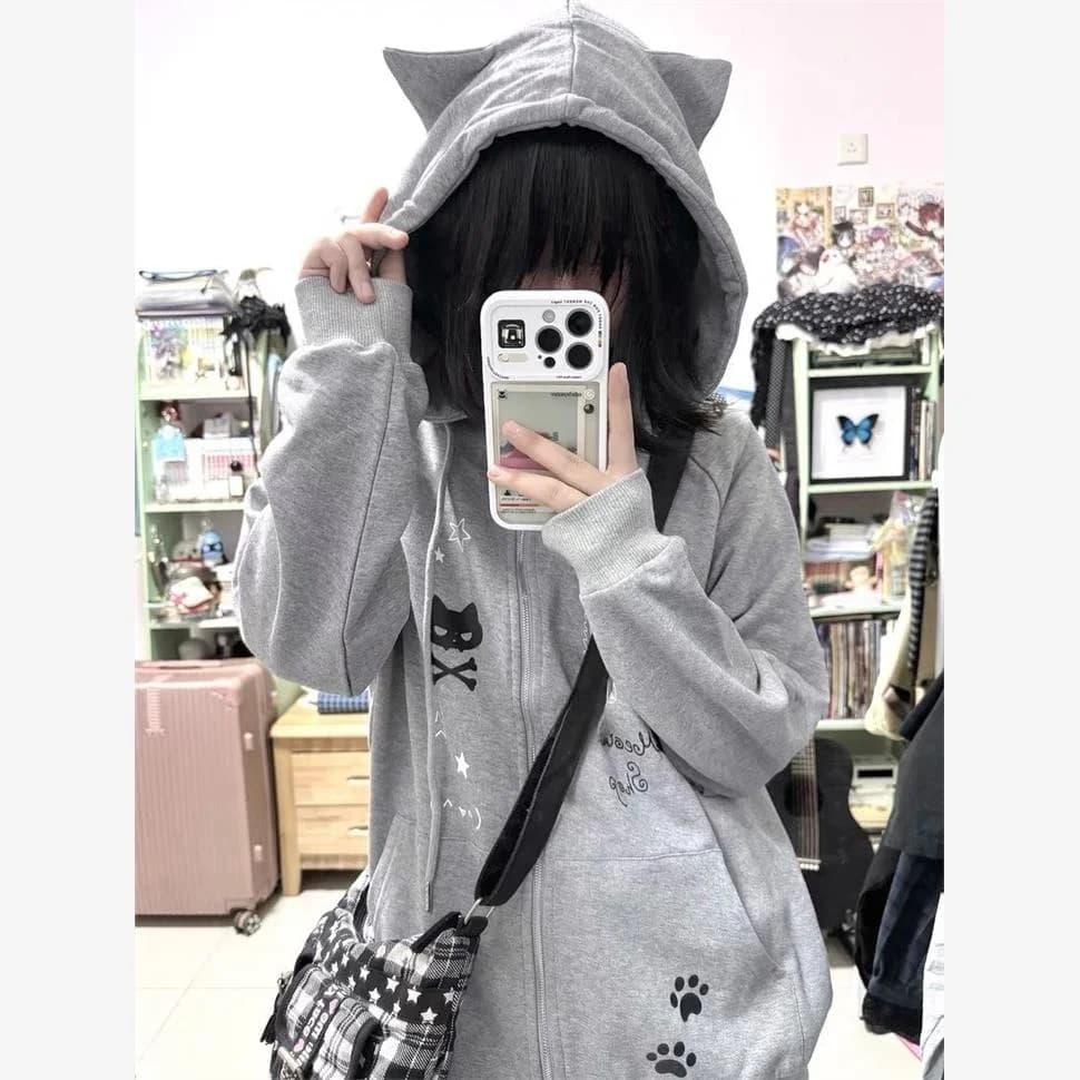 Cute Grey Long Sleeve Hoodie Women's Style Autumn Winter Zipper Cardigan Jacket Soft Polyester Fabric Fashionable Set