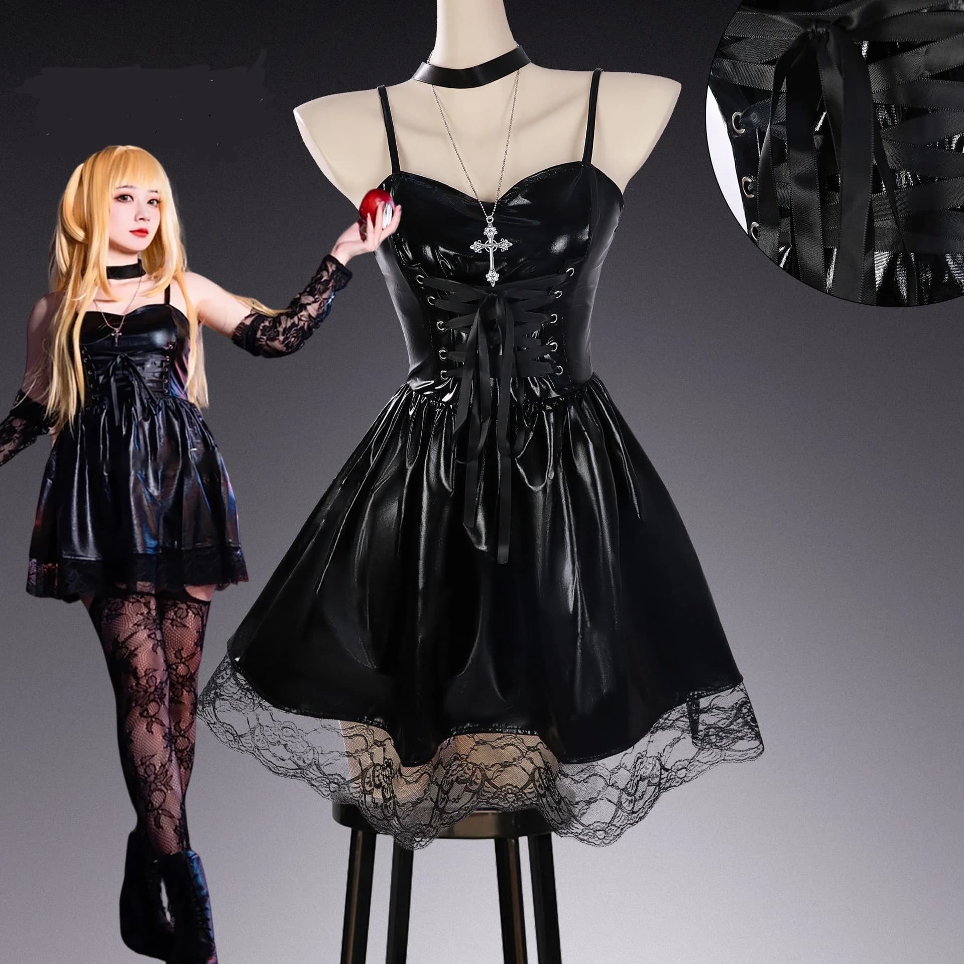 MisaMisa Costume Cosplay Anime Death Abito attillato in pelle con cinturino per spaghetti nero con dettagli in pizzo Set completo per donne e ragazze