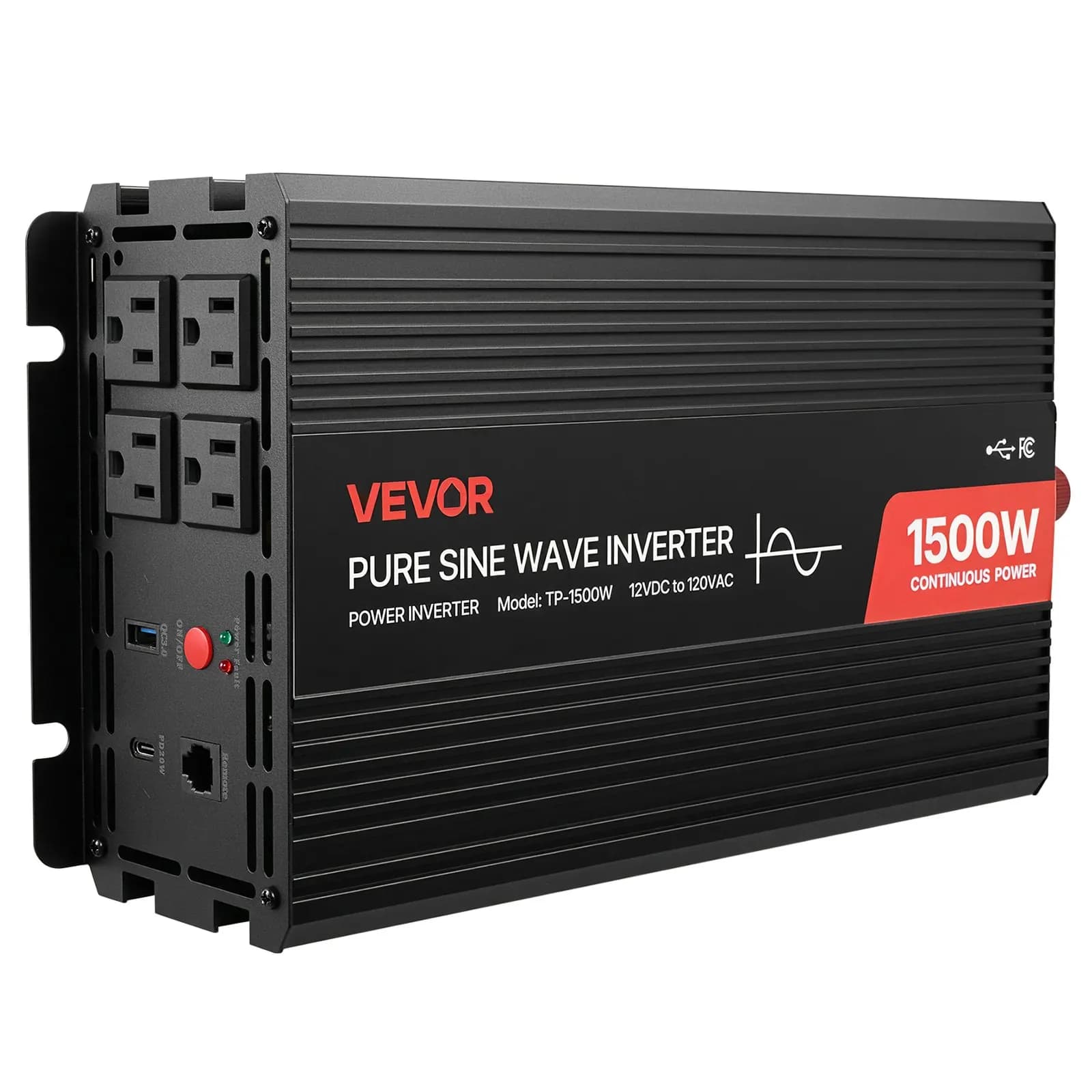 Inverter di potenza da 1500 W, inverter a onda sinusoidale pura da 12 V CC a 120 V CA, convertitore caricabatterie per auto con telecomando, porte USB e Type-C