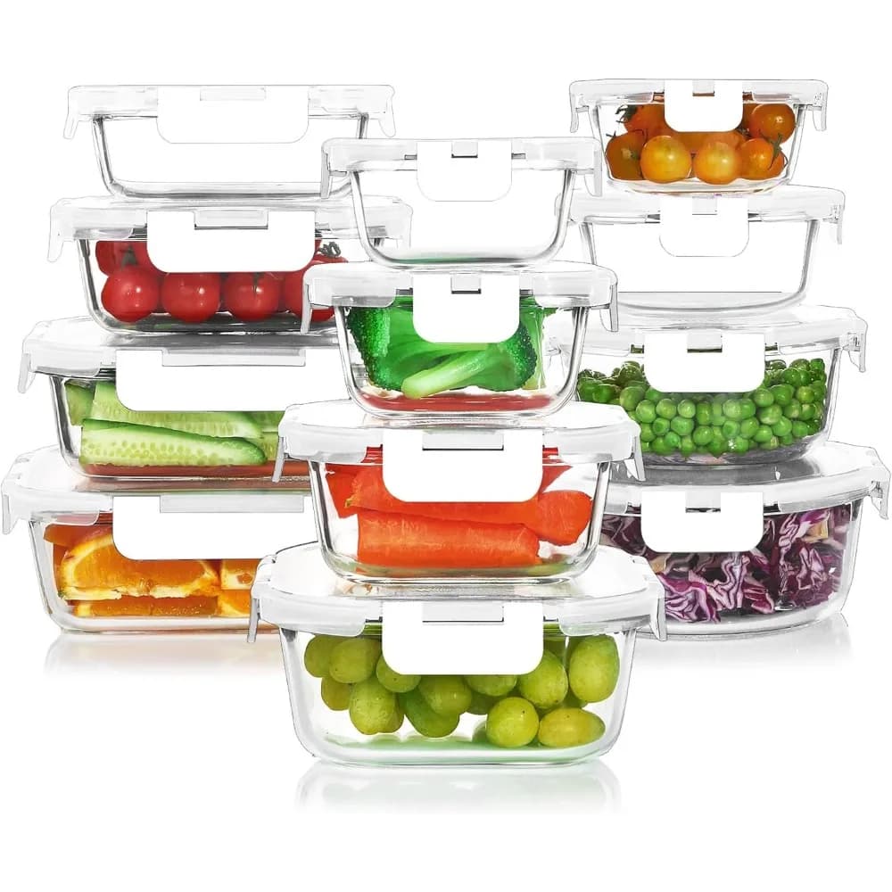 Set di contenitori per alimenti in vetro da 24 pezzi, ermetici impilabili per congelatore, forno a microonde, sicuro in bianco