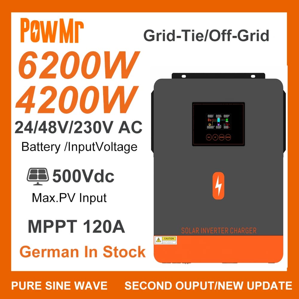 EU US 4.2KW 6.2KW On-Grid Sinusoidal Wave Solar Inverter DC 24V 48V 220V AC MPPT 120A Solar Charging Panel Max PV Power 6200W/6500W