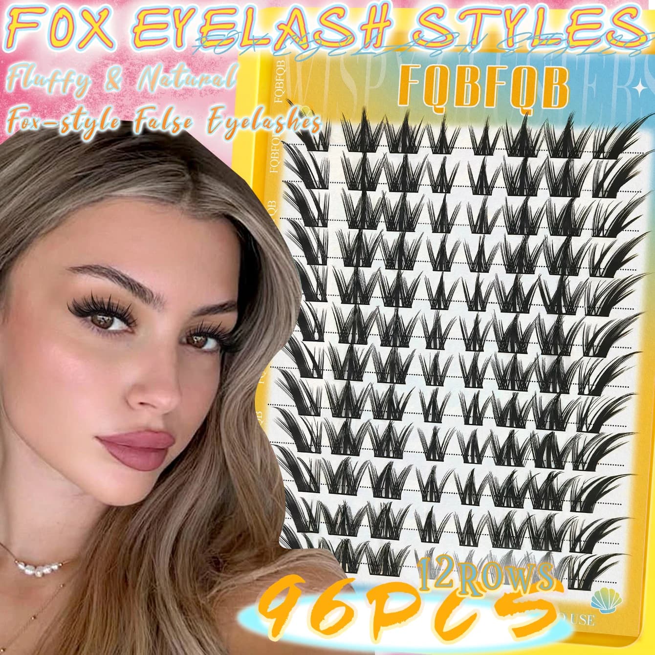 Fox Eye Lash Clusters 96Pcs C Curl Left Right Individual False Eyelashes Fluffy Winged DIY Eyelash Extensions For Beginners