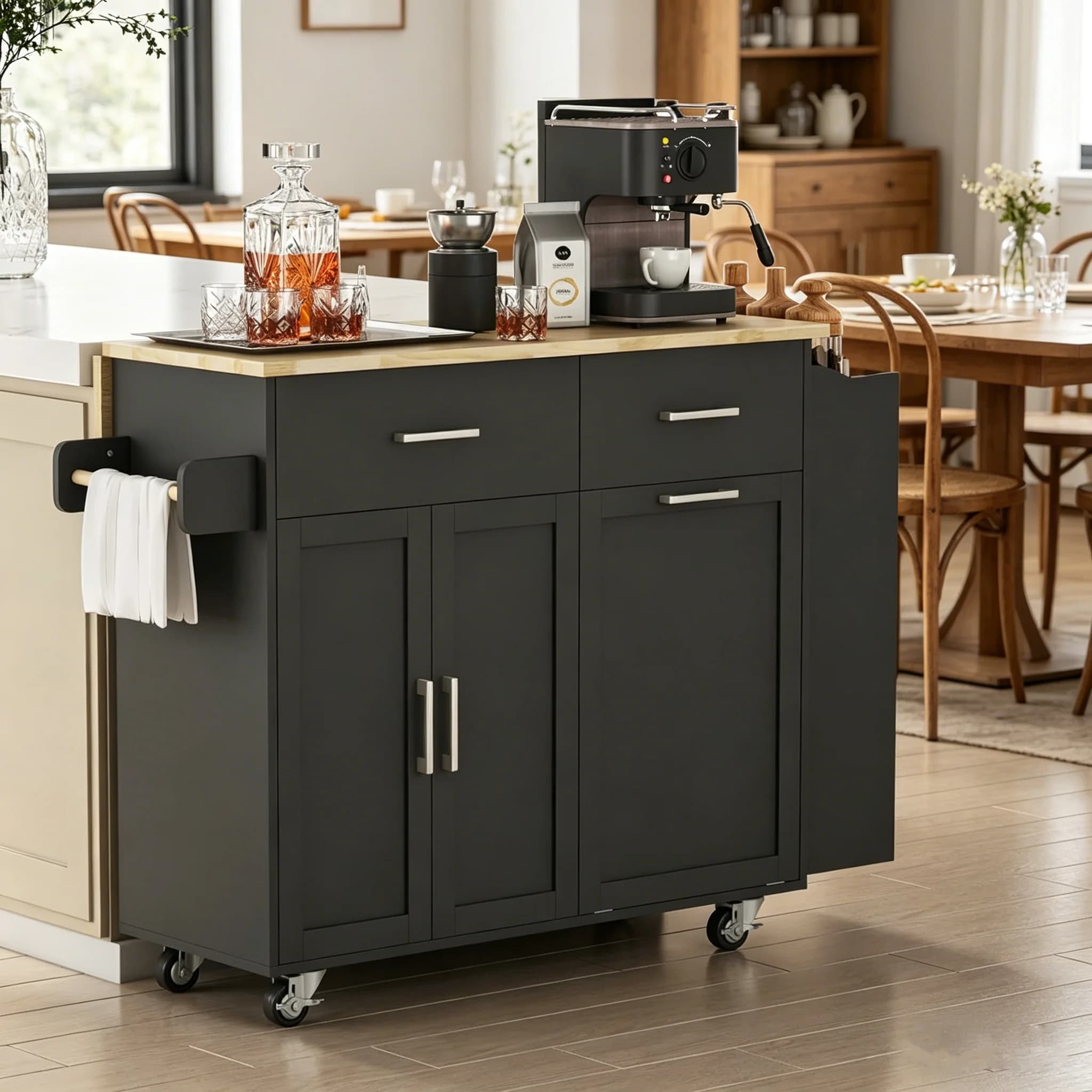 Carrello da Cucina BIGBIGLIFE con Piano Ribaltabile, 2 Cassetti e Contenitore per Rifiuti, Carrello Portaoggetti con Porta Spezie