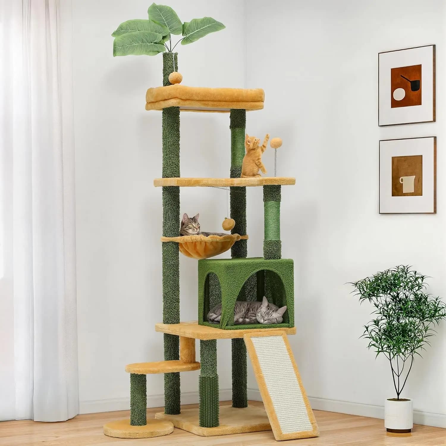 Albero per Gatti con Foglie per Gatti Grandi: 185 cm di Altezza con Spazzola Auto-Pulente, Graziosa Torre per Arrampicarsi per Gattini da Interno