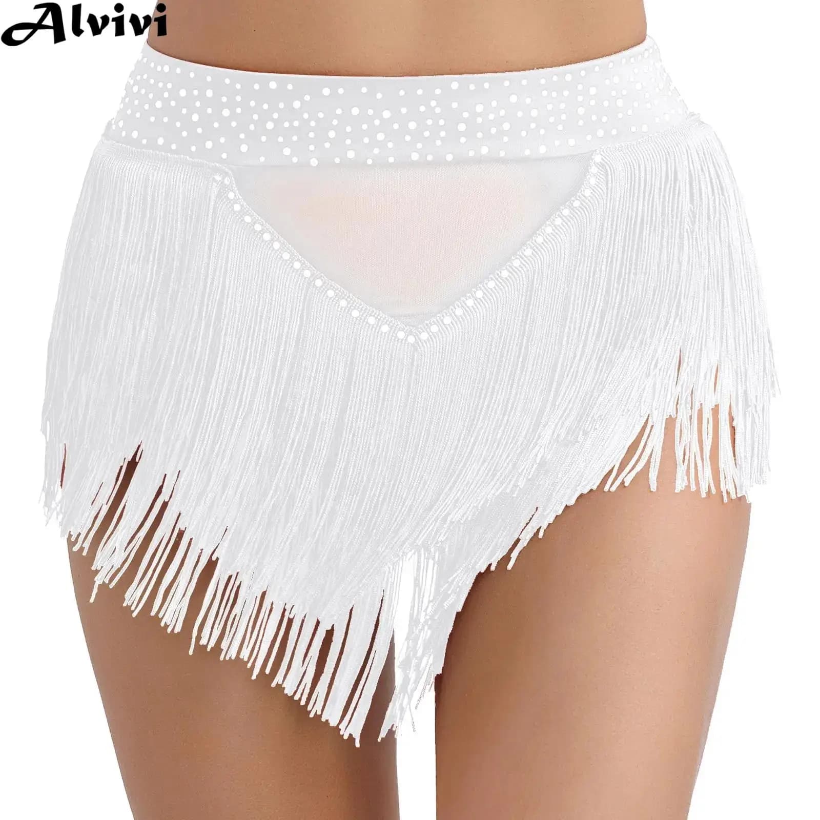 Gonna da ballo latino da donna Samba Rumba Cha-cha danza del ventre Performance da palcoscenico Dancewear pantaloncini con nappe a vita alta con strass lucidi