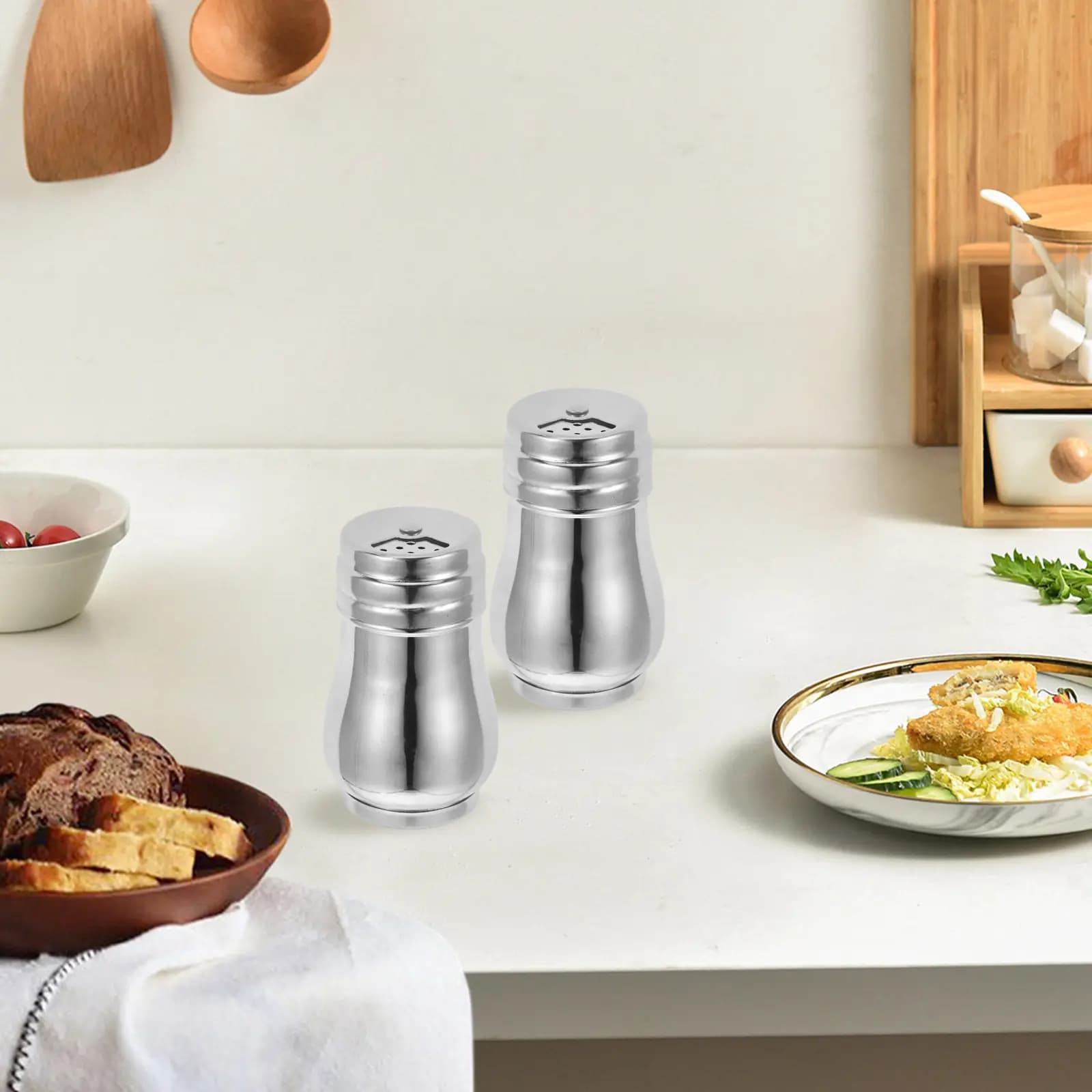 2Pcs Stainless Steel Rotating Salt Pepper Dispensers Lid Large Capacity Kitchen Travel Commercial Cooking Spice Shakers Set