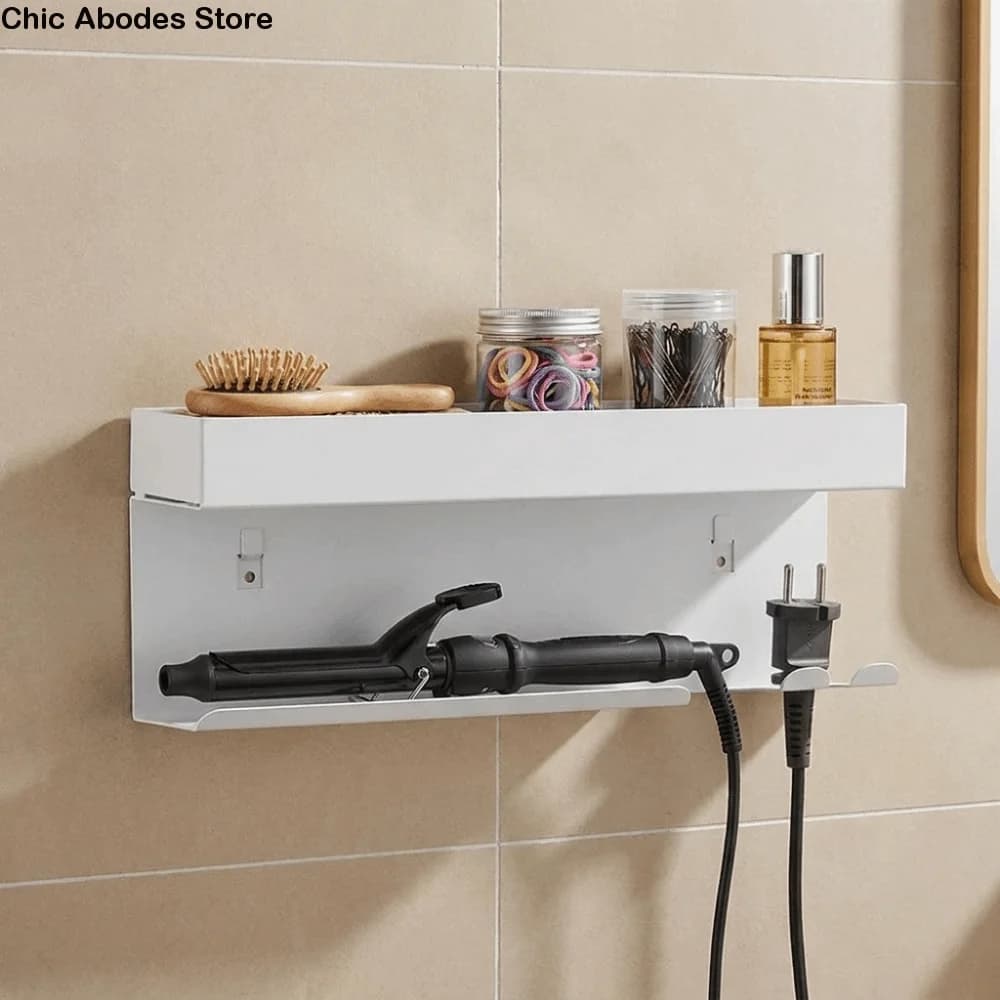 Carbon Steel Curling Iron Storage Rack No Drill Wall Mounted Hair Tool Holder Space Saving Bathroom Storage Organizer