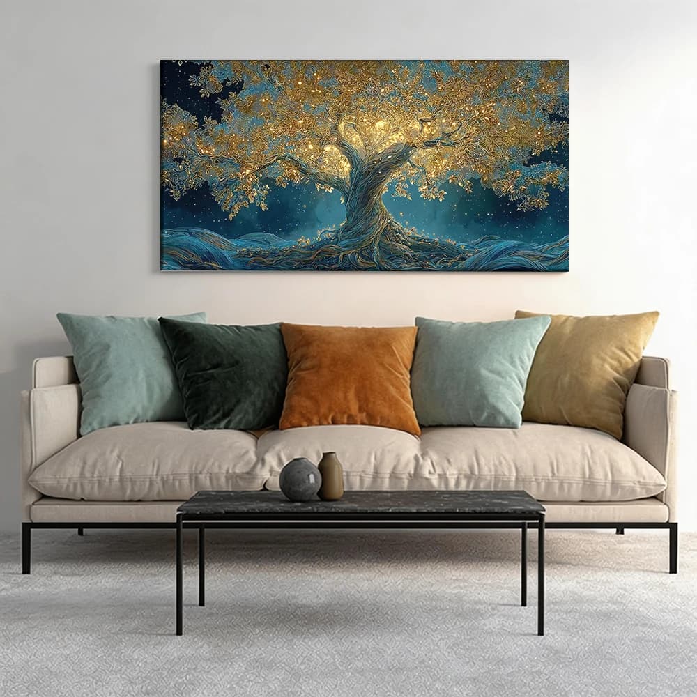 Painted on canvas with large wooden frame, 1 piece, Tree, golden leaves, starry night.