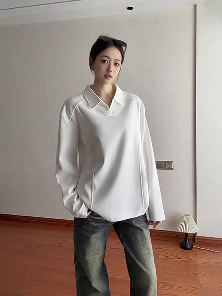 White Long Sleeve Shirt V Neck T Shirt Men's Style Autumn Collar American High Street Sweatshirt Shoulder Design Base Shirt