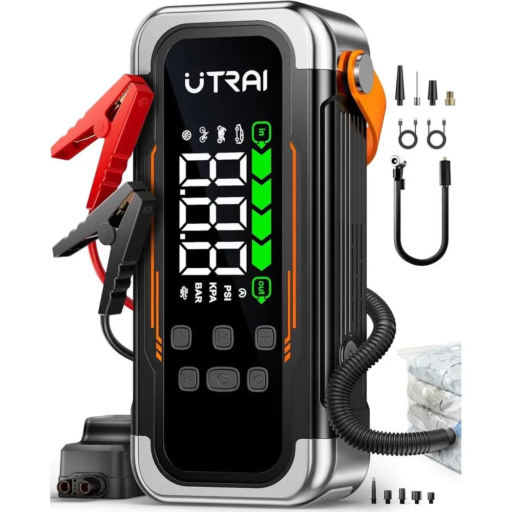 Avviatore di Emergenza Portatile 6000A Peak, Compressore d'Aria 150PSI, Gonfiatore Pneumatici e Soffiatore d'Aria per Veicoli a Benzina e 10.0L con Ricarica Rapida 30W