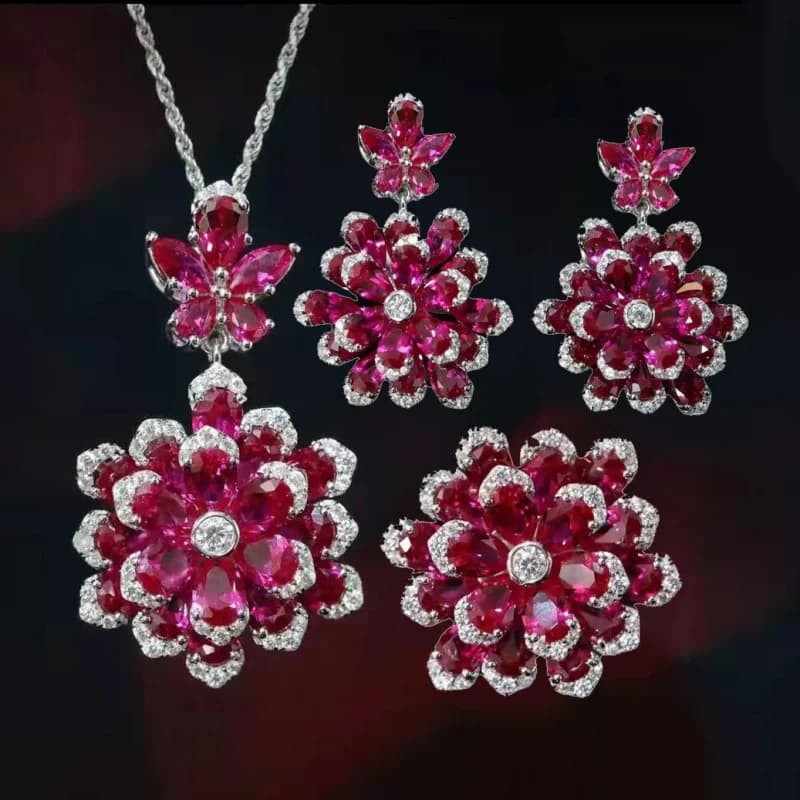 Il nuovo set di gioielli floreali di Foyejaf: collana, lussuosi orecchini pendenti blu royal, anello gioiello