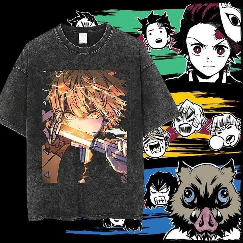T-shirt con stampa Inosuke di Demon Slayer, anime giapponese, effetto lavato, per uomo e donna, abbigliamento puro, Harajuku, Y2K, streetwear, cotone, sportswear