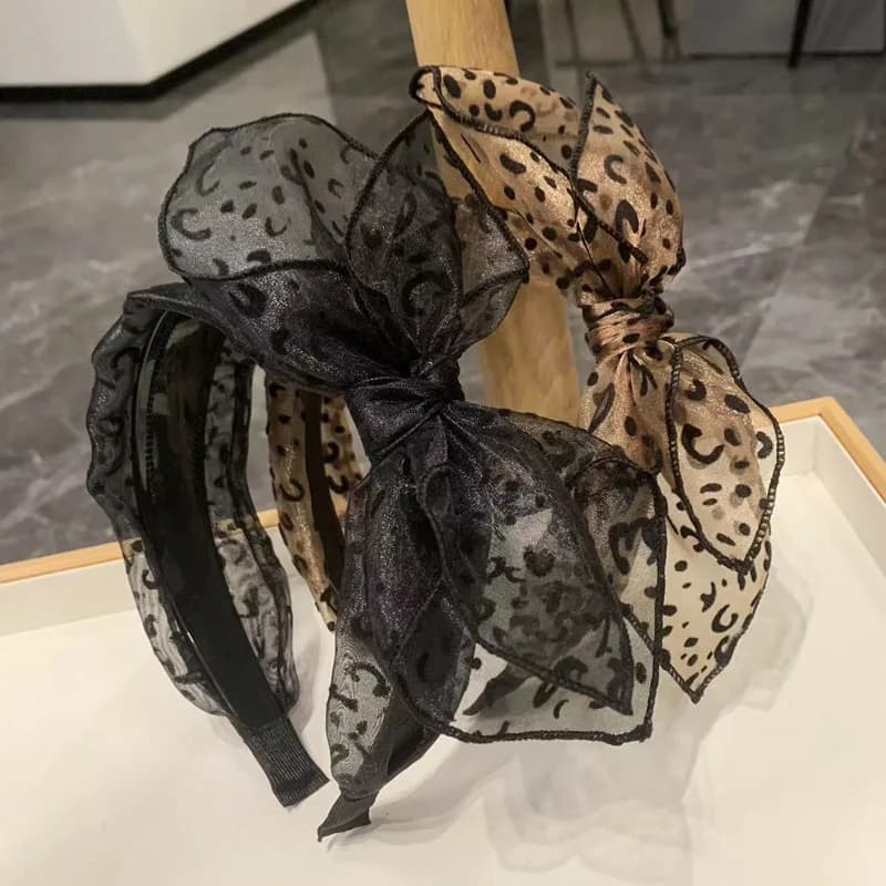 Fascia per capelli vintage con stampa leopardata per donna Cerchietto per capelli con fiocco fatto a mano Fasce per capelli con fiocco in rete Accessori per capelli femminili