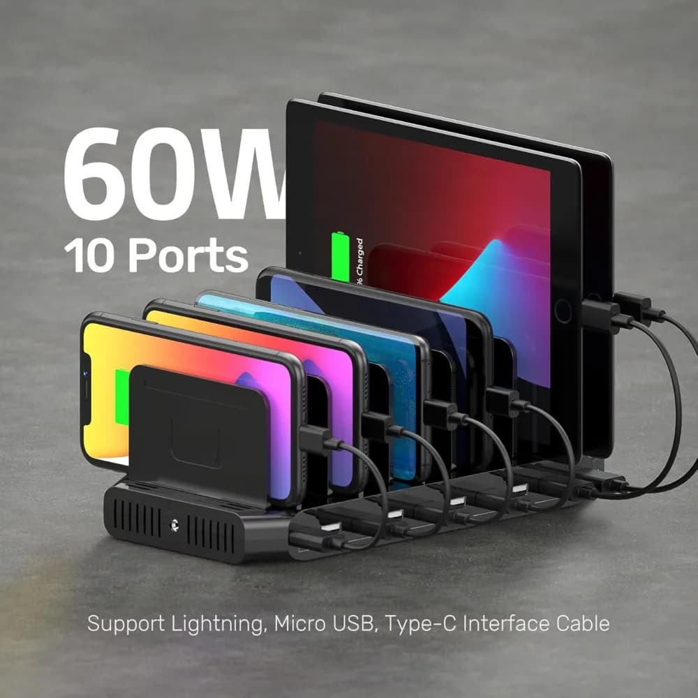 Stazione di ricarica USB, docking station di ricarica per 10 porte USB veloci e divisori regolabili, compatibile con l'organizzatore di caricabatterie multi-apparecchi