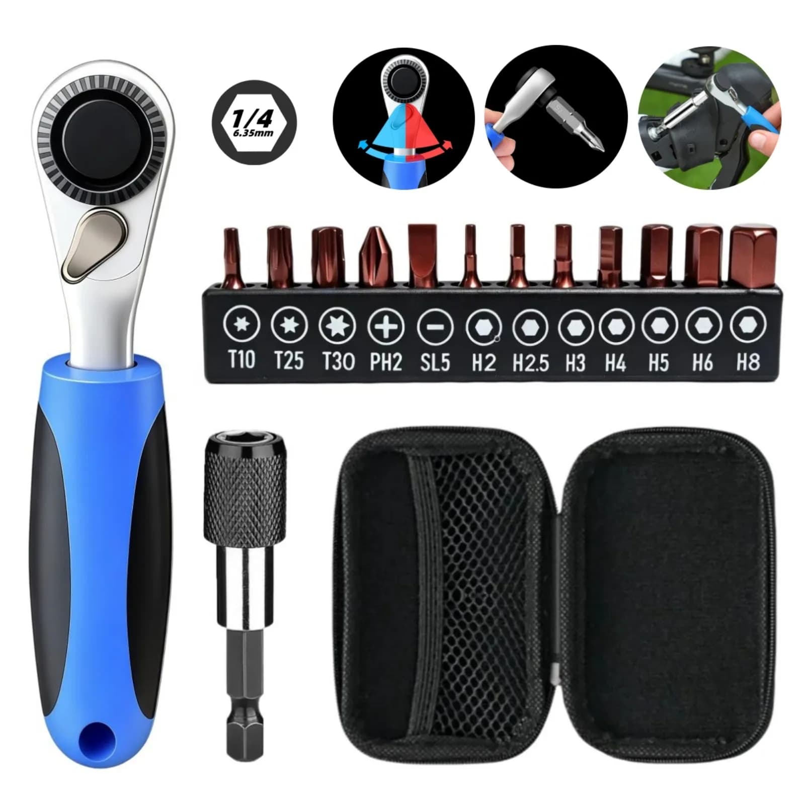 Set di Cacciaviti a Cricchetto Mini 14/22 in 1, Kit di Riparazione Portatile per Biciclette e Auto con Inserti SLOTTED TORX HEX Phillips L25mm