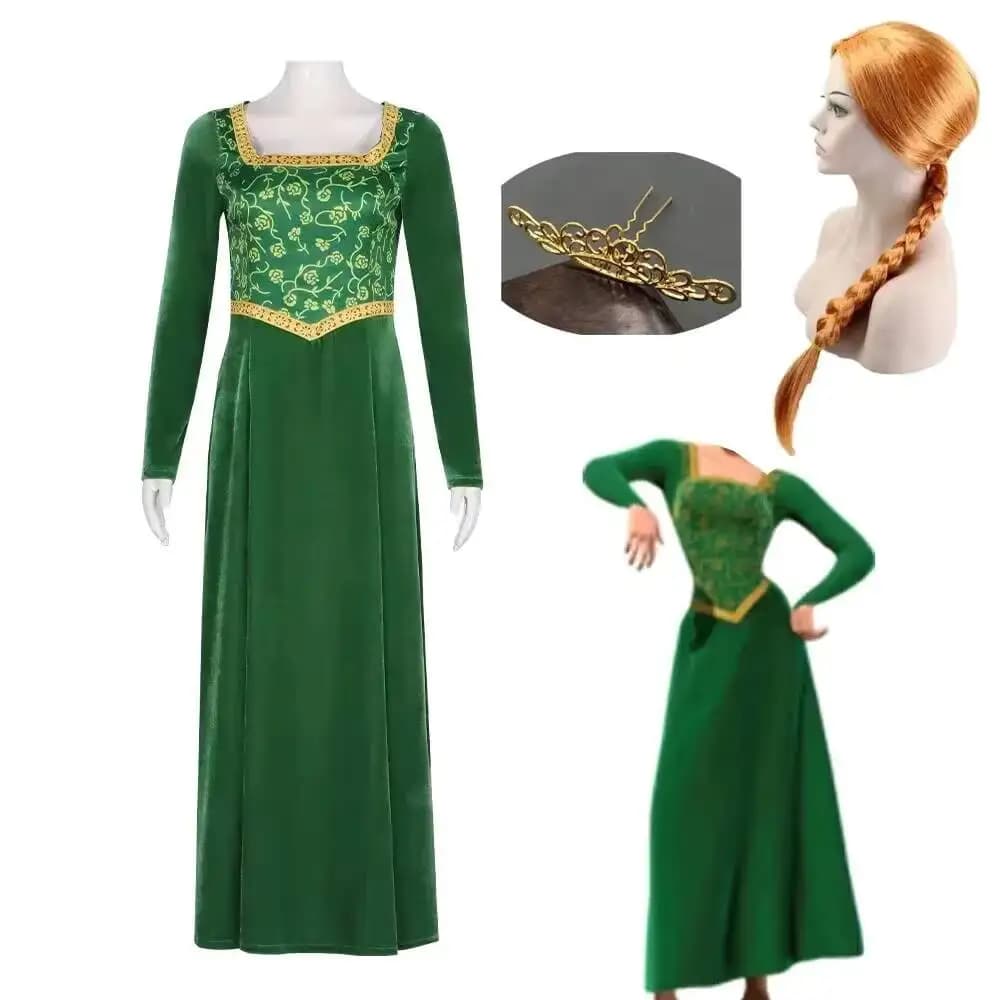 Costume da Principessa per Cosplay, Abito Verde di Fiona da Shrek, Parrucca e Accessori per Donne, Vestito Lungo per Halloween