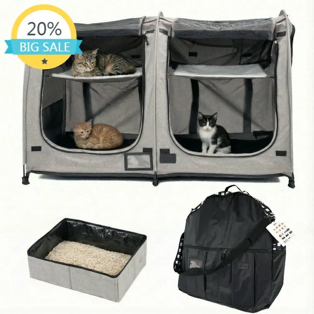 Cuccia Portatile a Due Piani per Gatti con Trasportino, Amache, Tappetini, Lettiera Pieghevole e Bottiglia d'Acqua