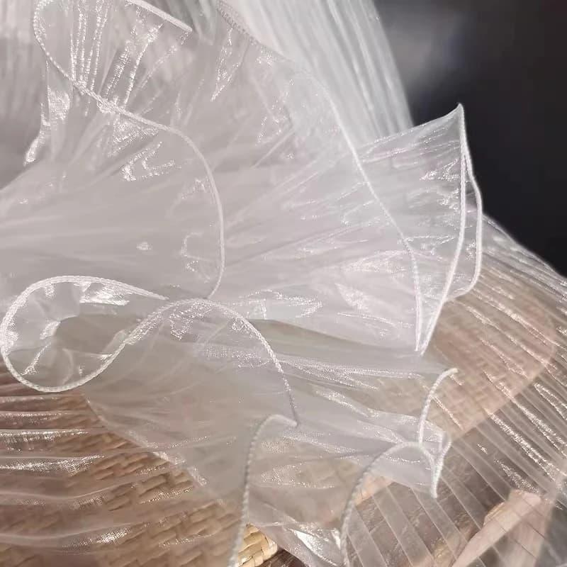 White Organza Pleated Wave Fabric Pressed Fold Dress Designer Evening Gown Qipao Sheer Lightweight Fashion Textile Fabric