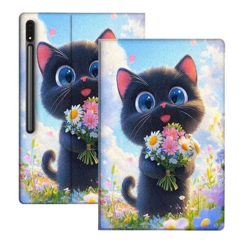 Soft and cute flexible tablet case with black cat flowers for Samsung Galaxy Tab S10 S9 S8 S7 FE Lite