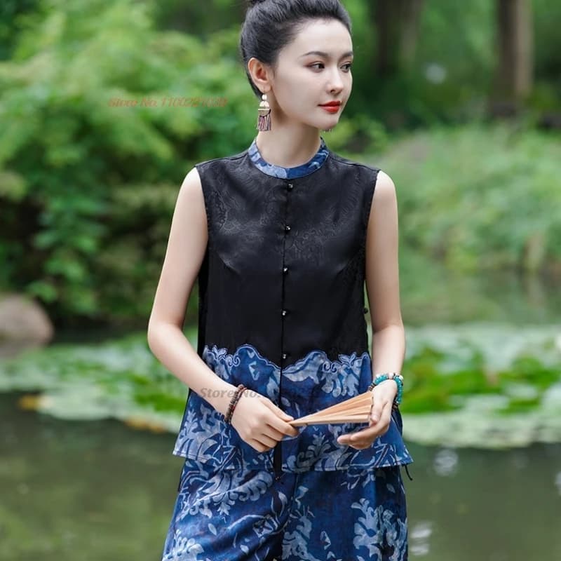 2026 chinese vintage vest traditional ethnic satin jacquard folk vest national flower print sleeveless jacket retro hanfu tops