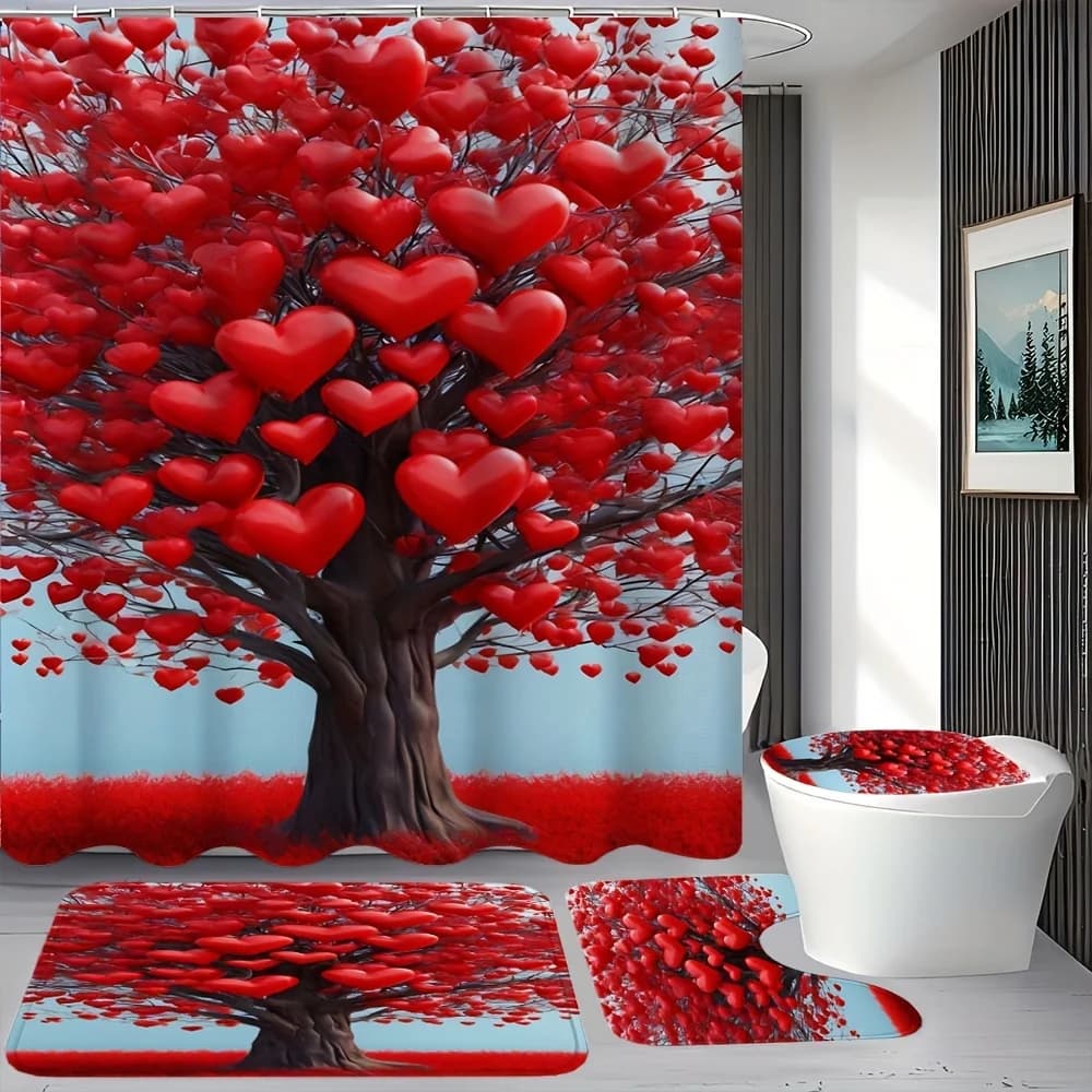 Set da 1/4 pezzi con design a forma di albero dell'amore, include una tenda da doccia con 12 ganci, un tappetino antiscivolo, un tappetino per WC a forma di U, un tappetino per WC.