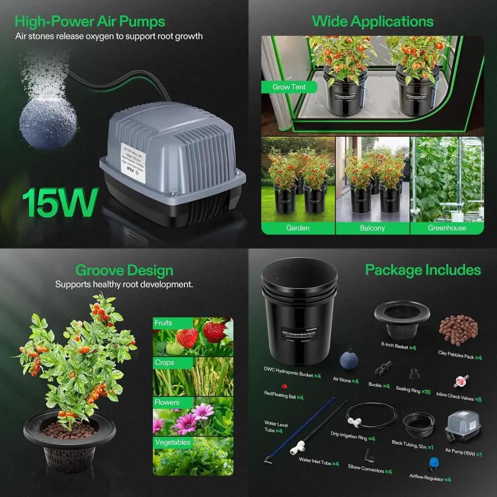 Sistema Idroponico DWC da 5 Galloni con Gocciolamento Superiore, Giardino a Gocciolamento Ricircolante, Tubo dell'Aria Multiposizione, Pompa e Pietra (4 Secchi)