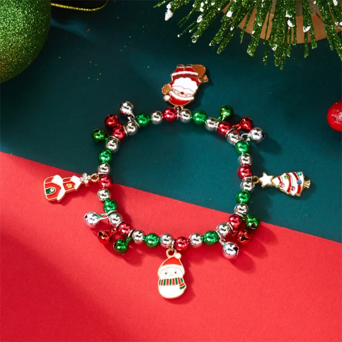 Vacanze di Natale Perline Bracciale Albero Babbo Natale Pupazzo di neve Fiocco di neve Ghirlanda Calzino Rosso Verde Campana Bracciale per donna Uomo Gioielli natalizi