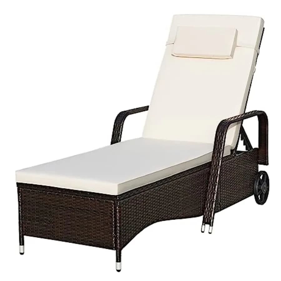 Sedia a sdraio da patio in vimini con ruote, lettino prendisole reclinabile in rattan PE lungo 79 pollici con schienale regolabile, cuscino e guanciale, confortevole