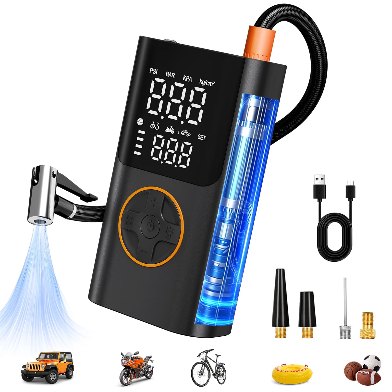 Set Pompa d'Aria Portatile con Power Bank, Kit Gonfiatore Pneumatici 150PSI per Auto SUV Moto Bici, Luce LED e Borsa Portaoggetti per Campeggio